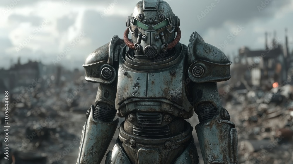 Armored Robot Figure in Post-Apocalyptic Setting Armored Robot Figure in Post-Apocalyptic Setting