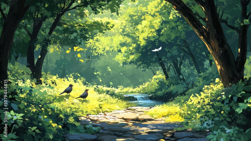A picturesque woodland path lined with lush greenery, sunlight filtering through the trees. Two birds perch by a flowing stream. A picturesque woodland path lined with lush greenery, sunlight filtering through the trees. Two birds perch by a flowing stream.