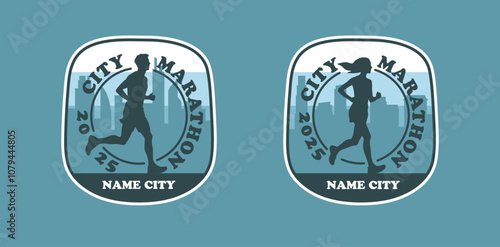 City marathon vintage logo, people running in the city