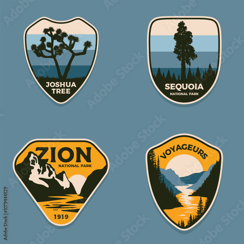 Set Emblems patch logo illustration of Joshua tree, Zion, Sequoia, Voyageurs National Park, USA.