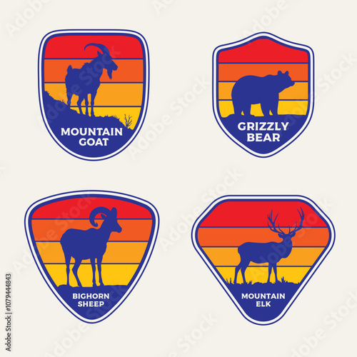 Mountain animal vintage vector icon logo set. Mountain Goat, Grizzly bear, Bighorn sheep,  Mountain Elk.