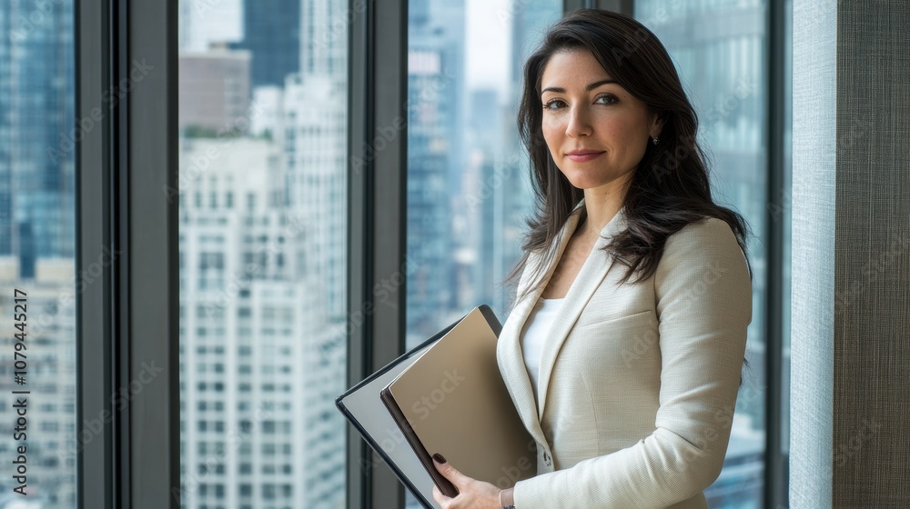 Fototapeta premium Confident Female Professional in Formal Attire Holding a Portfolio, Standing by a Large Window with a City View, Conveying Success and Ambition