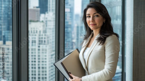 Confident Female Professional in Formal Attire Holding a Portfolio, Standing by a Large Window with a City View, Conveying Success and Ambition Free Download Confident Female Professional in Formal Attire Holding a Portfolio, Standing by a Large Window with a City View, Conveying Success and Ambition - GFXLoad