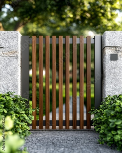 Wooden slatted gate opens to a beautifully landscaped garden with lush greenery and pebbled pathway in broad daylight photo