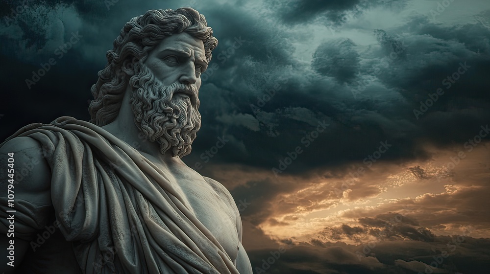 Stoic Ancient Greek Statue Against Dramatic Sunset Sky Stoic Ancient Greek Statue Against Dramatic Sunset Sky