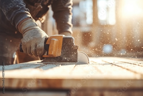 A worker uses a power sander on wood. This image can be used to illustrate DIY, construction, woodworking, or home improvement projects. photo