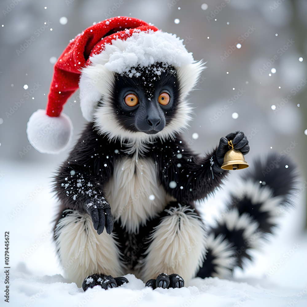 Cheerful lemur dressed for winter holidays with snow and bells in a magical winter wonderland, digital art of whimsical character design concept. Cheerful lemur dressed for winter holidays with snow and bells in a magical winter wonderland, digital art of whimsical character design concept.