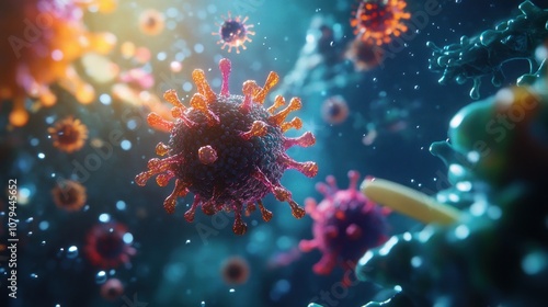 Microscopic view of viruses in a digital representation.