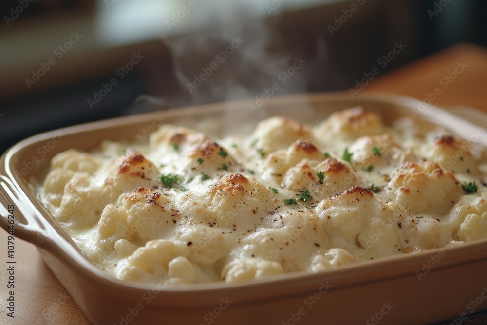 Creamy cauliflower dish in a casserole. Perfect for illustrating a recipe for cauliflower gratin. Creamy cauliflower dish in a casserole. Perfect for illustrating a recipe for cauliflower gratin.