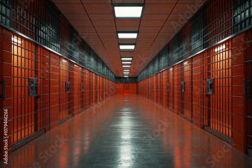  Impact of crime on society. A stark corridor lined with red prison cells, illuminated by overhead lights, creating a somber, confined atmosphere. photo