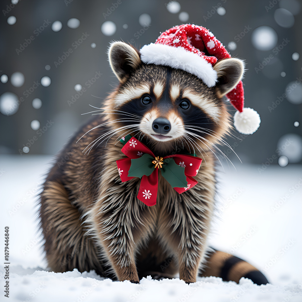 A charming raccoon in a santa hat and holiday bow amidst a snowy winter wonderland, photorealistic of whimsical concept. A charming raccoon in a santa hat and holiday bow amidst a snowy winter wonderland, photorealistic of whimsical concept.