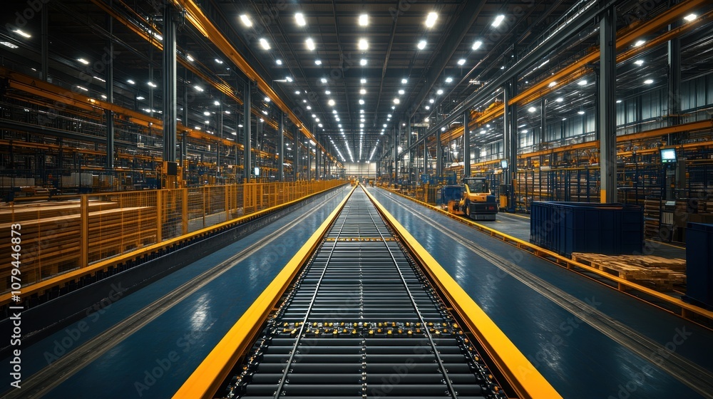 A spacious industrial warehouse with conveyor belts and lighting. A spacious industrial warehouse with conveyor belts and lighting.
