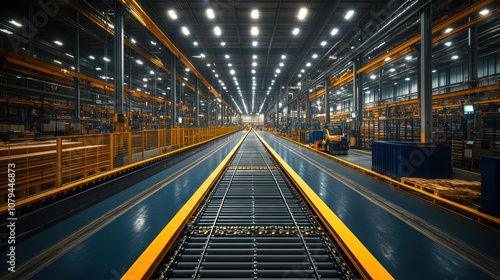 A spacious industrial warehouse with conveyor belts and lighting.