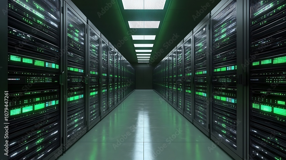 A corridor lined with server racks featuring glowing green lights, representing a data center environment. A corridor lined with server racks featuring glowing green lights, representing a data center environment.
