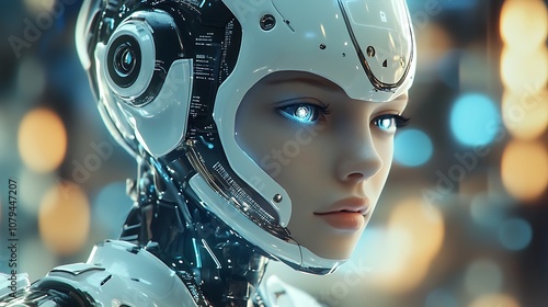 A futuristic humanoid robot with glowing eyes, showcasing advanced technology and design.