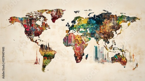 Fototapeta Naklejka Na Ścianę i Meble -  A colorful world map with famous landmarks and a vintage background.