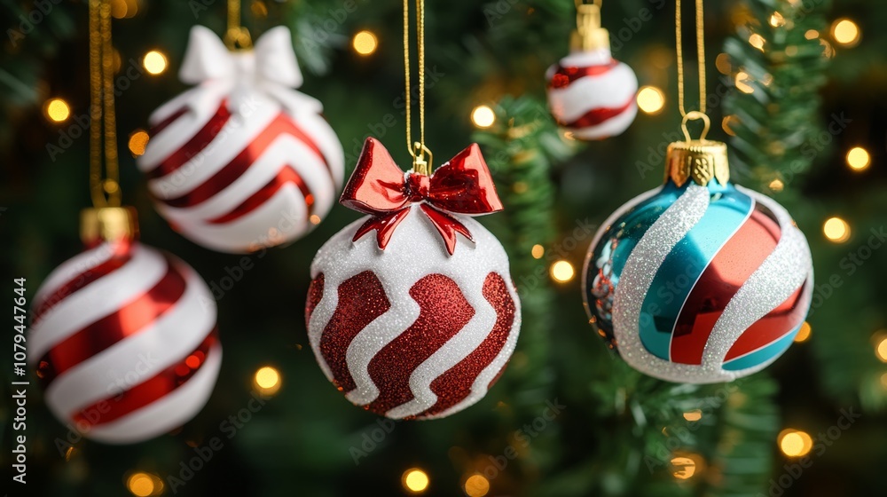 Naklejka premium A festive Christmas tree adorned with colorful ornaments and twinkling lights, creating a warm holiday glow.