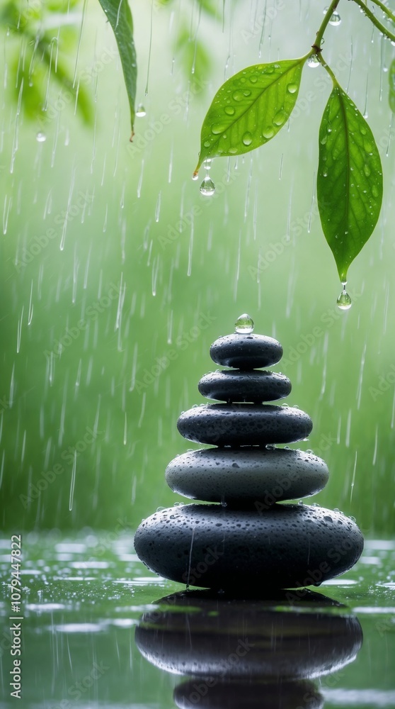 Obraz premium Peaceful Zen Stones Under the Rainfall of an Ancient Green Tree