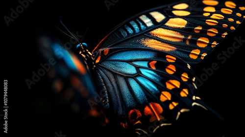 Close up of butterfly wing with blue and orange colors on wings on black background. photo