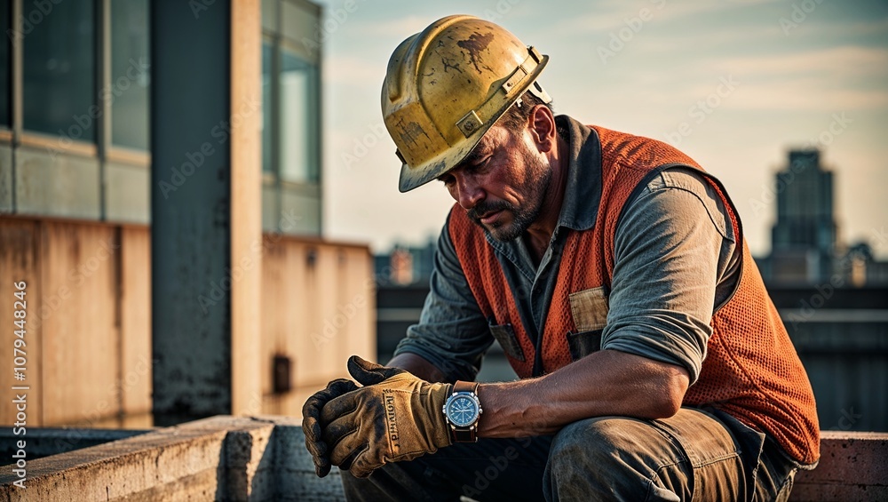 Fototapeta premium a weary industrial worker, clad in worn, earthy-toned protective work wear, including a faded yellow hard hat