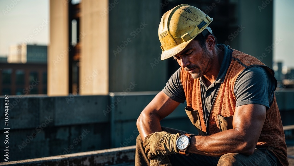 a weary industrial worker, clad in worn, earthy-toned protective work wear, including a faded yellow hard hat a weary industrial worker, clad in worn, earthy-toned protective work wear, including a faded yellow hard hat