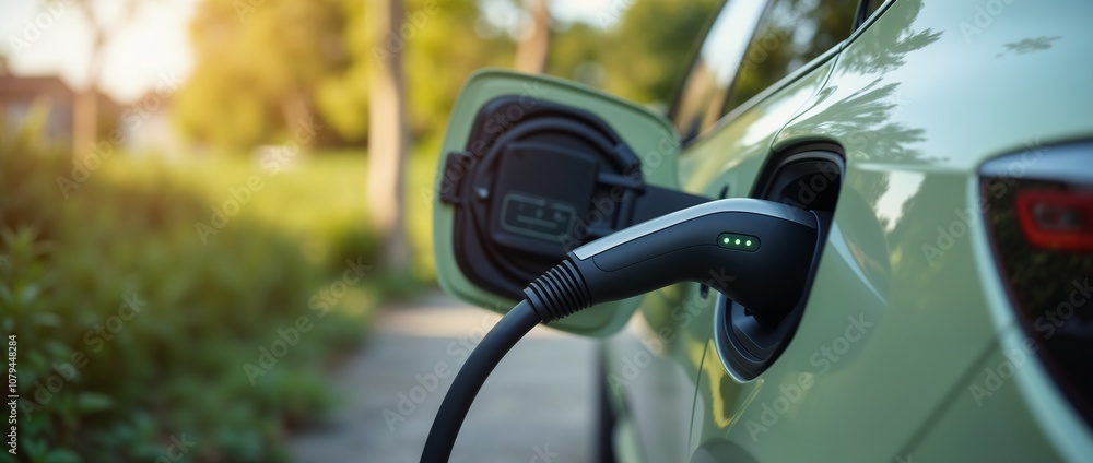 Close-up of electric car charging at home, showcasing eco-friendly technology and sustainable energy solutions. The image highlights a green lifestyle in a residential setting during a sunny day. Close-up of electric car charging at home, showcasing eco-friendly technology and sustainable energy solutions. The image highlights a green lifestyle in a residential setting during a sunny day.