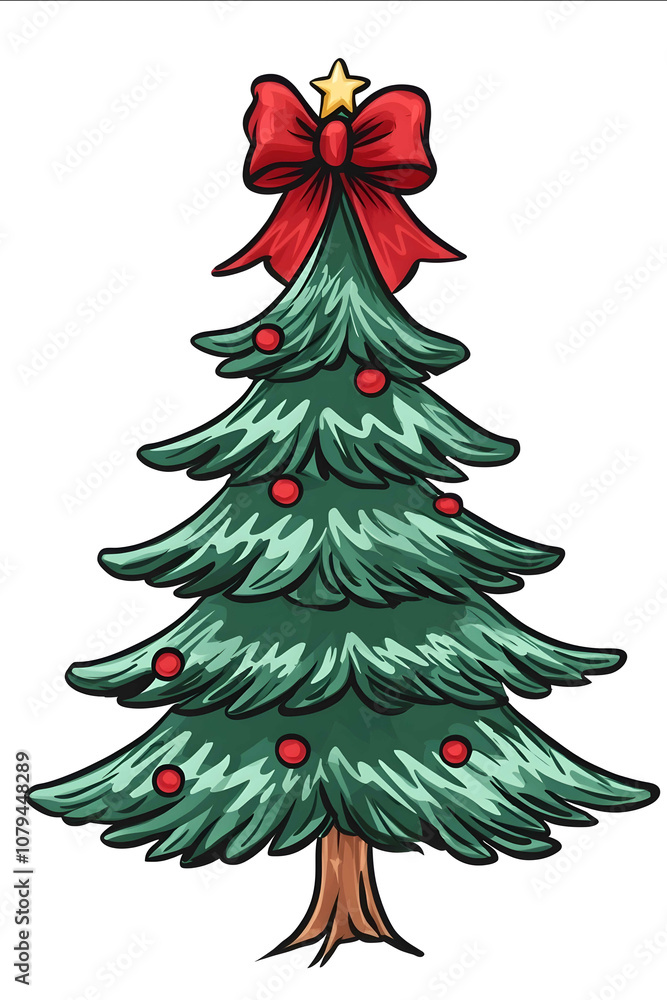 a simple drawing of a green Christmas tree with a red bow on top against a white background in a clip art style a simple drawing of a green Christmas tree with a red bow on top against a white background in a clip art style