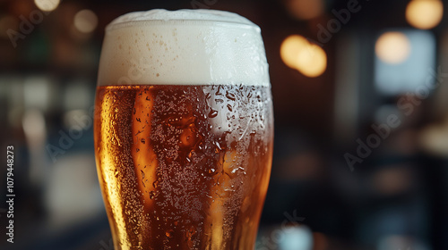 Foamy beer with bubbles in a glass with space for copying. photo