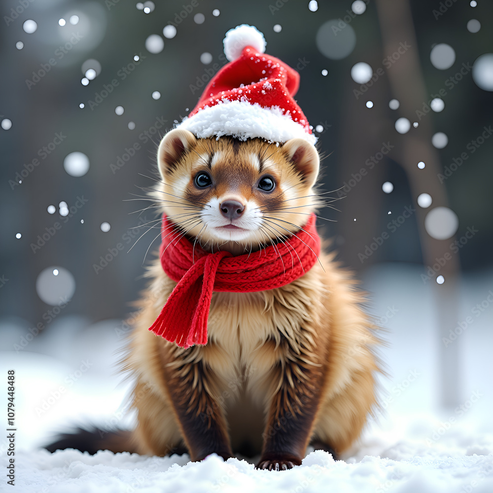 Joyful ferret celebrating christmas in a winter wonderland with a santa hat and red scarf, photography of holiday spirit concept. Joyful ferret celebrating christmas in a winter wonderland with a santa hat and red scarf, photography of holiday spirit concept.