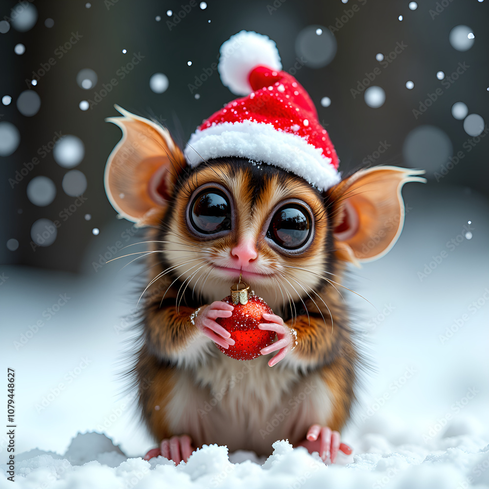 Cute small animal in santa hat holding ornament in snowy winter wonderland, digital art of whimsical concept. Cute small animal in santa hat holding ornament in snowy winter wonderland, digital art of whimsical concept.