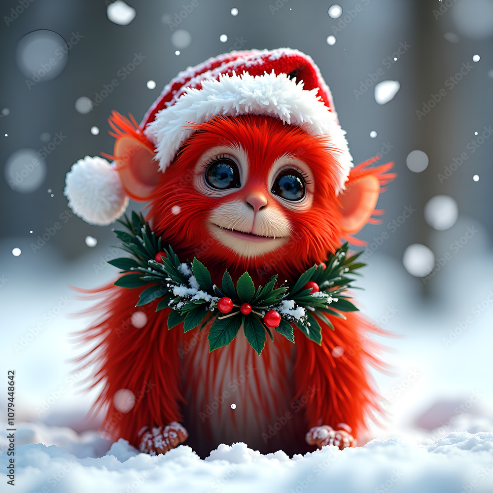 Adorable red creature in santa hat surrounded by snow and holiday decor, digital art of fantasy character concept. Adorable red creature in santa hat surrounded by snow and holiday decor, digital art of fantasy character concept.