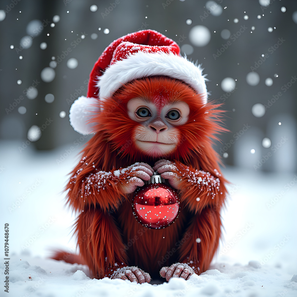 A playful red furred monkey wearing a santa hat holds a bright red ornament in a snowy winter wonderland, digital art of animal portraiture concept. A playful red furred monkey wearing a santa hat holds a bright red ornament in a snowy winter wonderland, digital art of animal portraiture concept.