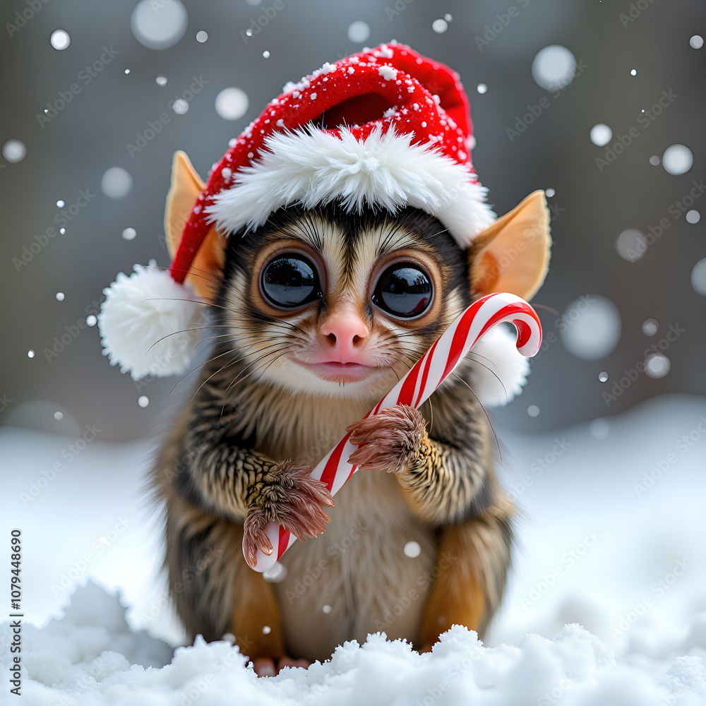 Adorable creature in santa hat enjoying candy cane in a snowy winter wonderland scene, photorealistic of holiday theme concept. Adorable creature in santa hat enjoying candy cane in a snowy winter wonderland scene, photorealistic of holiday theme concept.