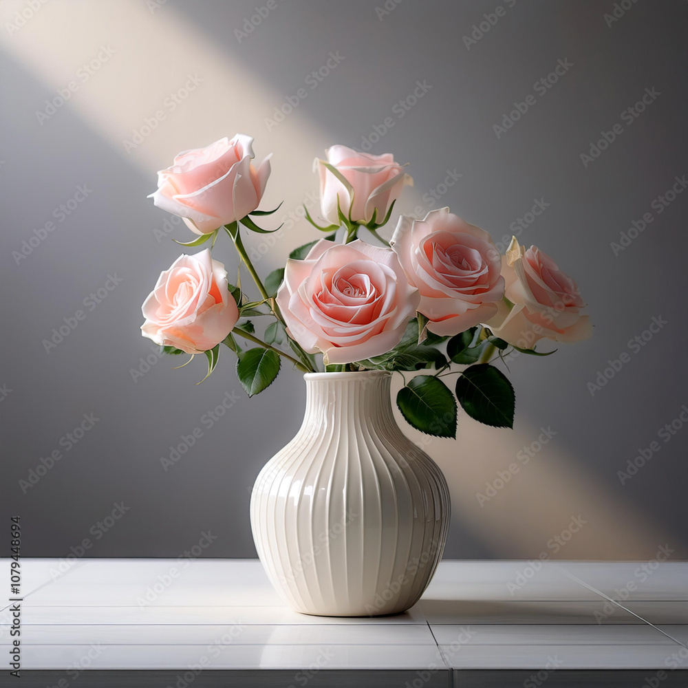 Fresh Rose flowers in a simple vase on a table with a minimalist background Fresh Rose flowers in a simple vase on a table with a minimalist background
