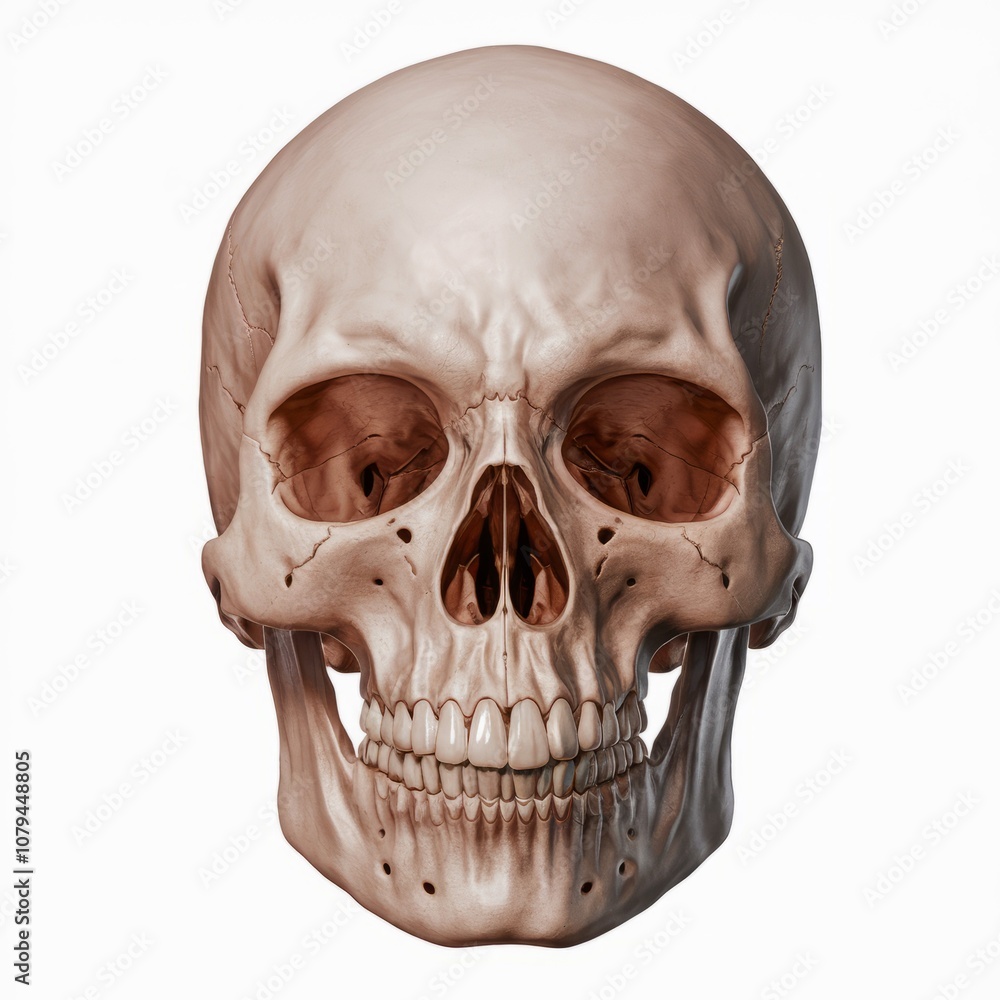 Obraz premium Human Skull: A detailed anatomical illustration of a human skull, capturing the intricate structure and bone formation of the cranium. The skull's empty eye sockets and teeth are visible.