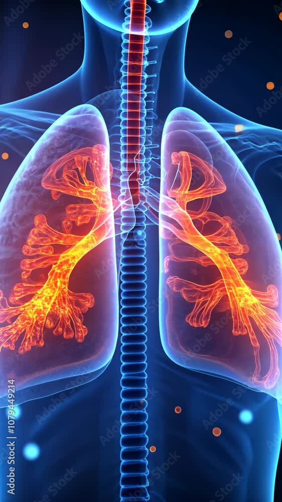 This is a digital illustration of the human respiratory system, showing ...