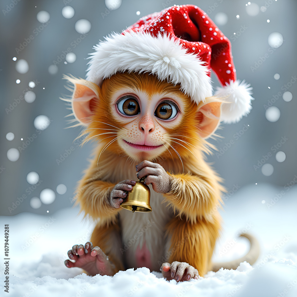 Adorable monkey wearing a santa hat, joyfully holding a bell in a snowy winter landscape, 3d rendering of character design concept. Adorable monkey wearing a santa hat, joyfully holding a bell in a snowy winter landscape, 3d rendering of character design concept.