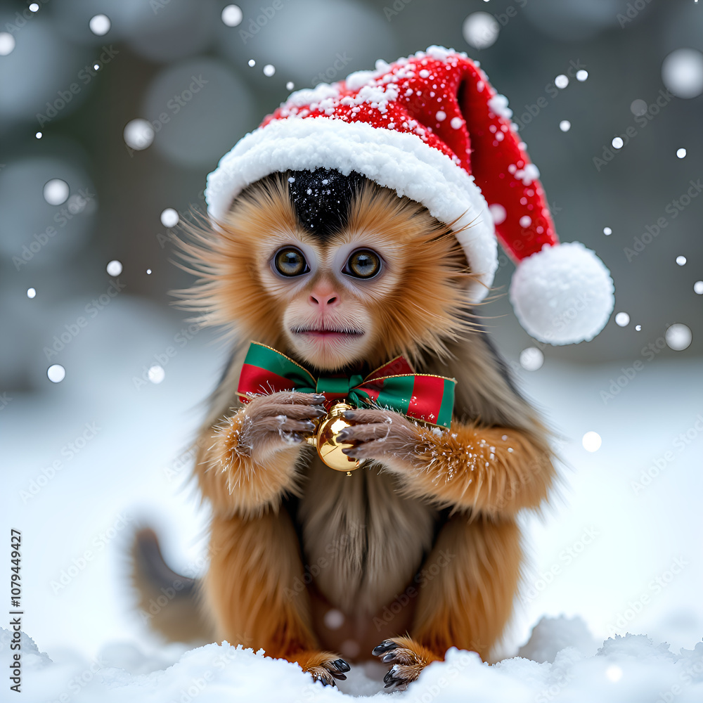 Adorable monkey in christmas hat holding a bell in a snowy winter wonderland, photorealistic of holiday themed concept. Adorable monkey in christmas hat holding a bell in a snowy winter wonderland, photorealistic of holiday themed concept.