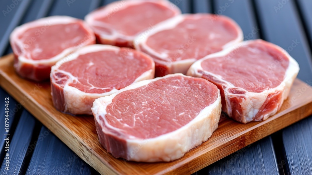 Freshly cut ribeye steaks displayed on a wooden board ready for grilling during a sunny afternoon Freshly cut ribeye steaks displayed on a wooden board ready for grilling during a sunny afternoon