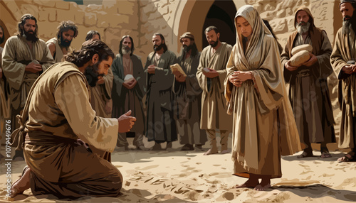Gospel Images from the Bible NT - Jesus writes in the sand concerning stoning of adulterous Woman