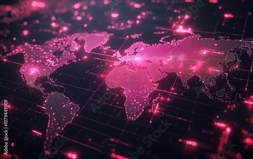 3D rendering of node system software, pink node buttons on dark tech interface with glowing light spots and world map contour, advanced digital network concept