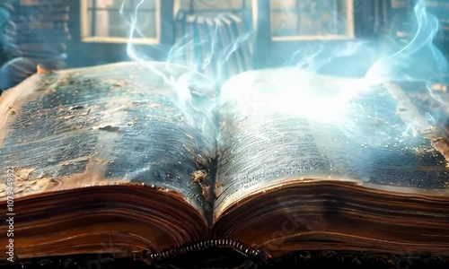 An old, battered, Open book lying on a wooden table with the smoke of antiquity emanating from it photo