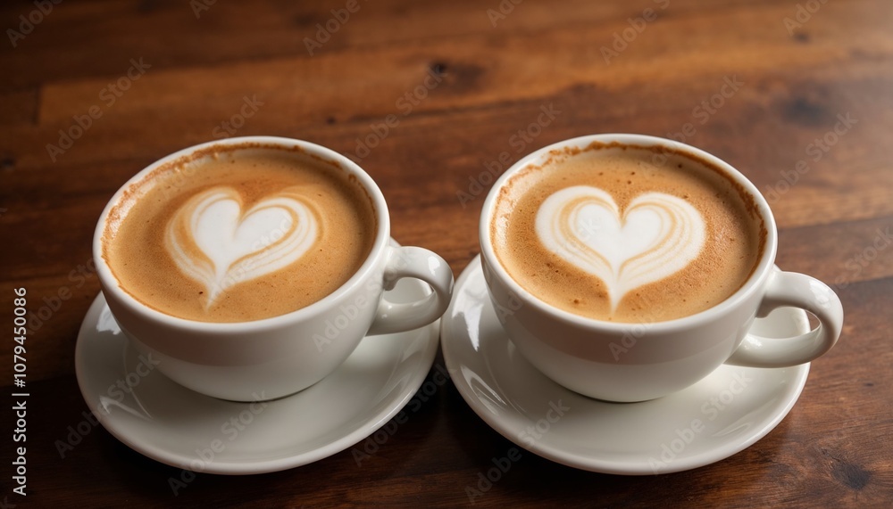 Obraz premium Two coffee cups background – Cozy white cups with heart-shaped foam on wooden table