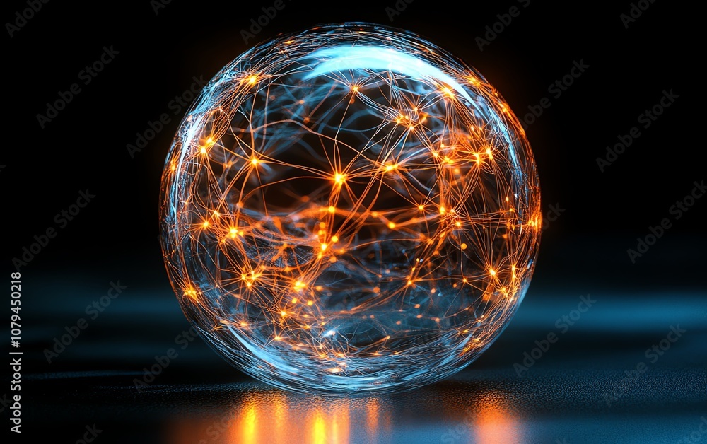 Concept of global internet technology, glowing globe with intricate orbiting circles, dark background, telecommunication and digital connectivity, 3D rendering, futuristic lighting Concept of global internet technology, glowing globe with intricate orbiting circles, dark background, telecommunication and digital connectivity, 3D rendering, futuristic lighting