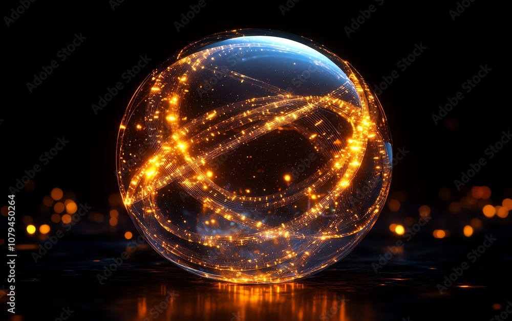 Concept of global internet technology, glowing globe with intricate orbiting circles, dark background, telecommunication and digital connectivity, 3D rendering, futuristic lighting Concept of global internet technology, glowing globe with intricate orbiting circles, dark background, telecommunication and digital connectivity, 3D rendering, futuristic lighting
