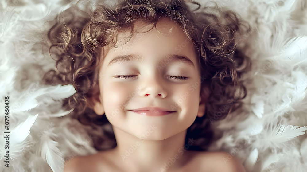 Peaceful Child with Curly Hair Serenely Sleeps on Soft White Feathers, Dreamlike Photo Peaceful Child with Curly Hair Serenely Sleeps on Soft White Feathers, Dreamlike Photo