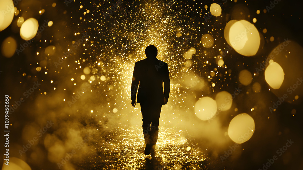 Silhouette of Man Walking Through Golden Glittering Abstract Background Silhouette of Man Walking Through Golden Glittering Abstract Background