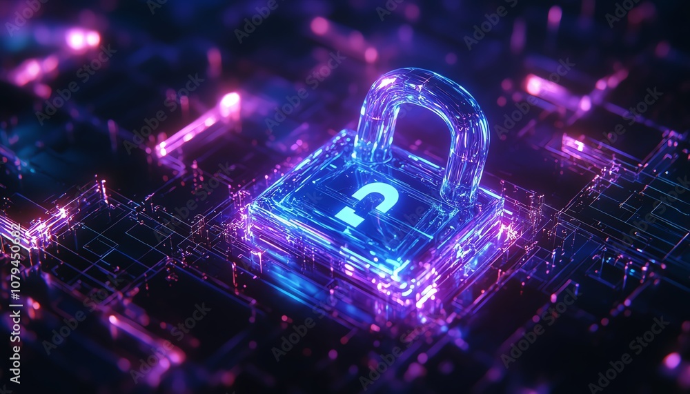 Data protection and cybersecurity concept, 3D perspective of blue closed padlock, abstract dark background with glowing geometric shapes, modern tech visuals Data protection and cybersecurity concept, 3D perspective of blue closed padlock, abstract dark background with glowing geometric shapes, modern tech visuals