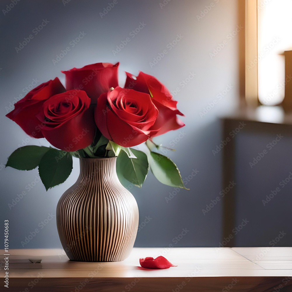 Fresh Red Rose flowers in a simple vase on a table with a minimalist background Fresh Red Rose flowers in a simple vase on a table with a minimalist background