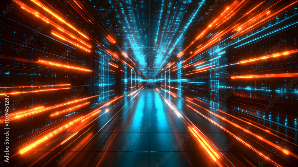 Abstract 3D Digital Tunnel: Glowing Neon Lines and Data Streams Visualize Futuristic Technology Abstract 3D Digital Tunnel: Glowing Neon Lines and Data Streams Visualize Futuristic Technology